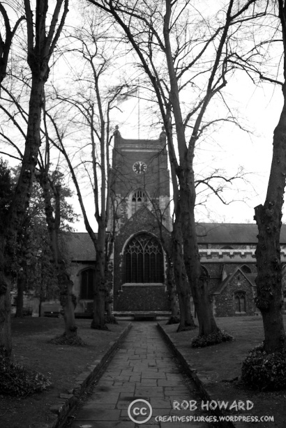 black and white church path