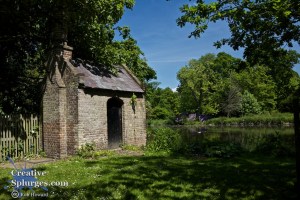 shot of a small building by a small lake