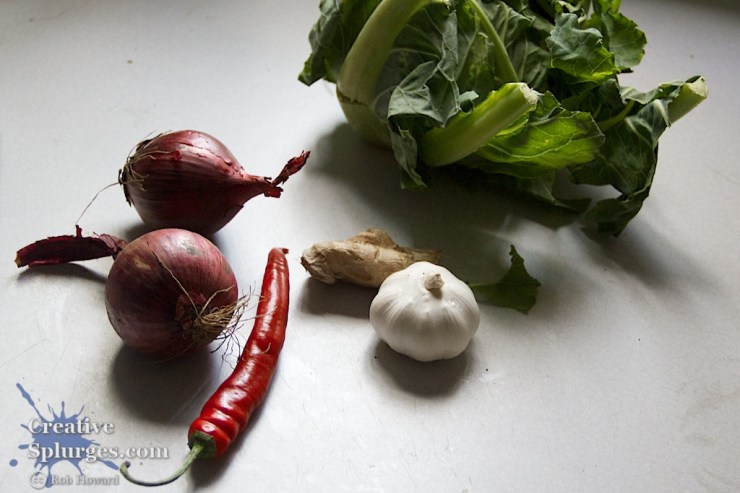 Ingredients: the one red thing, two reddish things, a brown thing, a white thing and a big green thing.